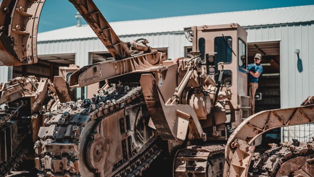 A large construction vehicle with a digging arm and armored tracks is parked in front of a gray metal building. A man wearing a hard hat stands next to the vehicle, while additional machinery is visible in the background.