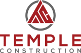 A logo for Temple Construction featuring a red triangular design on top of the text "TEMPLE" in bold letters. Below it, the word "CONSTRUCTION" is displayed in smaller, uppercase letters. A circular outline surrounds the triangle.